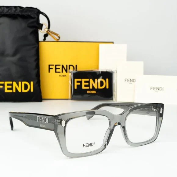 Fendi ROMA Men Eyeglasses Transparent Grey Rectangular FE50094I 020 BRAND NEW